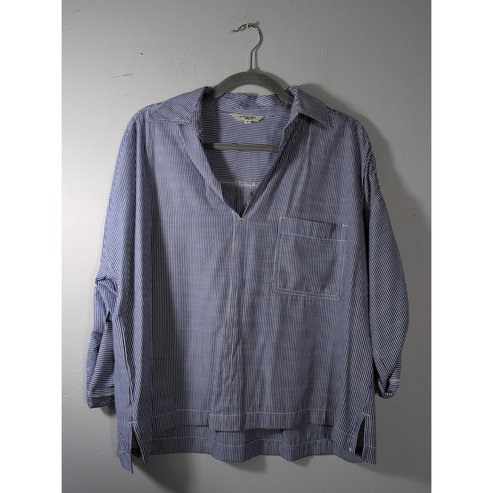 Max Studio M Striped Tab Sleeve‎ Collared V-neck Pullover Blouse Shirt